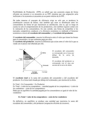 Posibilidades de Producción (FPP), se señaló que una economía asigna de forma
eficiente sus recursos si se encuentra en su FPP, mientras que una asignación sería
ineficiente si la economía se encuentra en un punto inferior de la FPP.
De todas maneras el concepto de eficiencia exige no solo que se produzca la
combinación correcta de bienes, sino también que estos se distribuyan entre los
consumidores de forma tal que maximicen su satisfacción, esto es, que se tenga en
cuenta no solo el comportamiento de los productores, sino también requiere contar con
la valoración de los consumidores. En este sentido, una forma de comprobar si los
mercados competitivos conducen a la eficiencia económica es midiendo el bienestar
económico a través del excedente del consumidor y el excedente del productor.
El excedente del consumidor, muestra la diferencia entre el valor que tienen los bienes
para el consumidor y lo que realmente paga por ellos.
El excedente del productor, muestra la diferencia que existe entre el valor de lo que se
vende con el precio real obtenido por ello.
El excedente total es la suma del excedente del consumidor y del excedente del
productor. Es el área total situada por debajo de la demanda y por encima de la oferta.
Ex Total = Ex Consumidor + Ex Productor
Ex Total = (valor de los compradores – cantidad pagada de los compradores) + (valor de
los vendedores – coste de los compradores)
Dado que en equilibrio la cantidad pagada por los consumidores es igual al valor de los
vendedores
Ex Total = valor de los compradores – coste de los vendedores
En definitiva, en equilibrio se produce una cantidad que maximiza la suma del
excedente del consumidor y del productor (asignación eficiente de recursos).
 