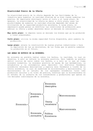 P á g i n a | 12

Elasticidad Precio de la Oferta

La elasticidad precio de la oferta depende de las facilidades de la
industria para aumentar la cantidad ofrecida de un bien cuando aumentan los
precios. Es importante distinguir entre el corto y el largo plazo. En
general, la elasticidad de la oferta es menor a corto plazo, pues las
posibilidades de aumentar la cantidad ofrecida dependen del grado de
utilización de la capacidad productiva existente. A largo plazo, el
empresario puede pensar en modificar las condiciones de producción para
adecuar su oferta y poder abastecer mejor un mercado en crecimiento.

Muy corto plazo: la empresa lanza al mercado los bienes que ya ha producido
   y tiene almacenados.

Corto plazo: utiliza la misma capacidad física disponible, pero aumenta la
   producción.

Largo plazo: encara la construcción de nuevas plantas industriales o hace
   la ampliación de las ya existentes, de tal forma que le permita aumentar
   la producción en el futuro.

LAS AREAS DE ESTUDIO DE LA ECONOMÍA:

En economía es posible hablar sobre los hechos, la realidad, la cual es
objetiva. A esto se refiere la economía positiva. Pero también es posible
emitir juicios de valor sobre los hechos, y a esto es lo que se llama
economía normativa. La economía positiva se ayuda de las matemáticas, la
estadística y la econometría para describir los distintos fenómenos
económicos (economía descriptiva) y explica esos fenómenos a través de la
teoría económica, la cual se subdivide en microeconomía y macroeconomía. La
macroeconomía es el estudio de los agregados económicos tales como
producción nacional y el nivel de precios, mientras que la microeconomía es
el estudio de la conducta de los consumidores y productores que operan en
los mercados individuales de la economía.
 