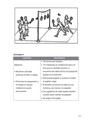 Actividad 4
Lazarillos Descripción
Objetivos:
• Mantener actitudes
positivas al estar a ciegas.
• Promover la cooperación y
el trabajo en equipo
mediante la ayuda
permanente.
• Se forman por parejas.
• Un integrante se vendará los ojos y el
otro será su lazarillo durante un
encuentro de futbol contra otra pareja de
iguales circunstancias.
• Sólo puede pegarle o conducir el balón
el jugador ciego.
• El lazarillo conducirá al ciego por los
hombros, las manos o la espalda
• Los jugadores de cada equipo deciden
cuando hacer cambio de papeles.
• Se juega a tres goles.
127
 