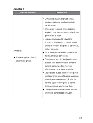 Actividad 3
Futbol n humano Descripción
Objetivo:
• Trabajar agilidad, fuerza,
acuerdo de grupo.
• El maestro dividirá el grupo en dos
equipos mixtos de igual número de
participantes.
• El juego se realizará en un espacio
amplio donde se marcarán cuatro líneas
gruesas en el suelo.
• Los dos equipos están divididos
ocupando dos líneas no consecutivas.
Existe la línea de ataque y la defensiva,
no hay porteros.
• En el fondo se hacen dos porterías de
mucha amplitud con conos.
• Como en un futbolín, los jugadores no
pueden salir de la línea que divide la
cancha, pero sí podrán moverse
lateralmente para tocar la pelota.
• La pelota se puede tocar con los pies o
con las manos pero sólo para golpearla:
no está permitido tomarla. Si sólo se
permite jugar con los pies, la pelota
tiene que ser de vinil o muy floja.
• Los que cometan infracciones estarán
un minuto penalizados sin jugar.
145
í
 