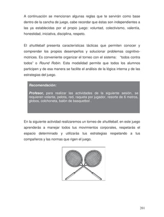 A continuación se mencionan algunas reglas que te servirán como base
dentro de la cancha de juego, cabe recordar que éstas son independientes a
las ya establecidas por el propio juego: voluntad, colectivismo, valentía,
honestidad, iniciativa, disciplina, respeto.
El shuttleball presenta características tácticas que permiten conocer y
comprender los propios desempeños y solucionar problemas cognitivo-
motrices. Es conveniente organizar el torneo con el sistema: “todos contra
todos” o Round Robin. Esta modalidad permite que todos los alumnos
participen y de esa manera se facilite el análisis de la lógica interna y de las
estrategias del juego.
En la siguiente actividad realizaremos un torneo de shuttleball, en este juego
aprenderás a manejar todos tus movimientos corporales, respetarás el
espacio determinado y utilizarás tus estrategias respetando a tus
compañeros y las normas que rigen el juego.
Recomendación:
Profesor, para realizar las actividades de la siguiente sesión, se
requieren volante, pelota, red, raqueta por jugador, resorte de 6 metros,
globos, colchoneta, balón de basquetbol .
201
 