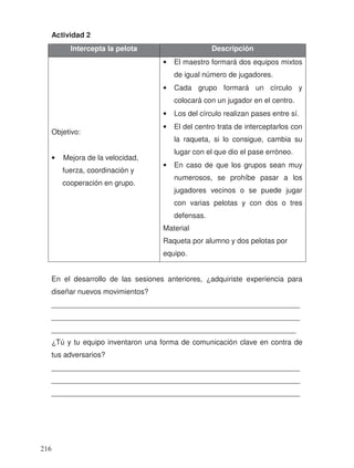 Actividad 2
En el desarrollo de las sesiones anteriores, ¿adquiriste experiencia para
diseñar nuevos movimientos?
_____________________________________________________________
_____________________________________________________________
____________________________________________________________
¿Tú y tu equipo inventaron una forma de comunicación clave en contra de
tus adversarios?
_____________________________________________________________
_____________________________________________________________
_____________________________________________________________
Intercepta la pelota Descripción
Objetivo:
• Mejora de la velocidad,
fuerza, coordinación y
cooperación en grupo.
• El maestro formará dos equipos mixtos
de igual número de jugadores.
• Cada grupo formará un círculo y
colocará con un jugador en el centro.
• Los del círculo realizan pases entre sí.
• El del centro trata de interceptarlos con
la raqueta, si lo consigue, cambia su
lugar con el que dio el pase erróneo.
• En caso de que los grupos sean muy
numerosos, se prohíbe pasar a los
jugadores vecinos o se puede jugar
con varias pelotas y con dos o tres
defensas.
Material
Raqueta por alumno y dos pelotas por
equipo.
216
 