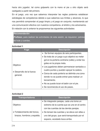 hacia otro jugador, tal como golpearlo con la mano el pie u otro objeto será
castigado) a partir del primero.
En el juego, una vez que sabemos interpretar las reglas podemos establecer
estrategias de competencia debido a que sabemos sus límites y alcances, lo que
nos permitirá comprender el juego limpio y el juego en conjunto; manteniendo así
una comunicación efectiva con nuestros compañeros, el árbitro y los adversarios.
En relación con lo anterior te proponemos las siguientes actividades:
Recomendación
Profesor, para realizar las actividades de esta sesión, se requieren: pelotas
de hule y cuerdas.
Actividad 1
Fuga Descripción
Objetivo:
• Desarrollo de la fuerza
general.
• Se forman equipos de seis participantes.
• Se trata de un juego cuyo objetivo es meter
gol en la portería contraria (valla) y evitar los
goles en la propia meta.
• Los jugadores deben permanecer sentados a
cuatro puntos y pueden apoyar la cadera.
• Cerca de cada portería se delimita una zona
donde no se puede entrar para realizar un
lanzamiento.
• No se puede tocar el balón con el pie.
• Se recomienda el uso de pases.
Actividad 2
Transportadores Descripción
Objetivo:
• Fortalecimiento del tronco,
• Se integrarán parejas, cada una toma un
extremo de la cuerda que se une en el centro
con las cuerdas de las demás parejas.
• Se tensan las cuerdas y se eleva con ellas a
uno del grupo, que será transportado por el
espacio, acostado boca arriba.
brazos, hombros y espalda.
234
 
