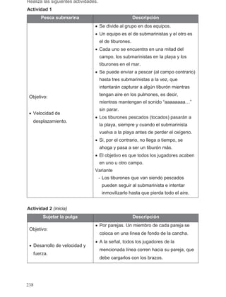 Realiza las siguientes actividades.
Actividad 1
Pesca submarina Descripción
Objetivo:
• Velocidad de
desplazamiento.
• Se divide al grupo en dos equipos.
• Un equipo es el de submarinistas y el otro es
el de tiburones.
• Cada uno se encuentra en una mitad del
campo, los submarinistas en la playa y los
tiburones en el mar.
• Se puede enviar a pescar (al campo contrario)
hasta tres submarinistas a la vez, que
intentarán capturar a algún tiburón mientras
tengan aire en los pulmones, es decir,
mientras mantengan el sonido “aaaaaaaa…”
sin parar.
• Los tiburones pescados (tocados) pasarán a
la playa, siempre y cuando el submarinista
vuelva a la playa antes de perder el oxígeno.
• Si, por el contrario, no llega a tiempo, se
ahoga y pasa a ser un tiburón más.
• El objetivo es que todos los jugadores acaben
en uno u otro campo.
Variante
- Los tiburones que van siendo pescados
pueden seguir al submarinista e intentar
inmovilizarlo hasta que pierda todo el aire.
Actividad 2 (inicia)
Sujetar la pulga Descripción
Objetivo:
• Desarrollo de velocidad y
fuerza.
• Por parejas. Un miembro de cada pareja se
coloca en una línea de fondo de la cancha.
• A la señal, todos los jugadores de la
mencionada línea corren hacia su pareja, que
debe cargarlos con los brazos.
238
 