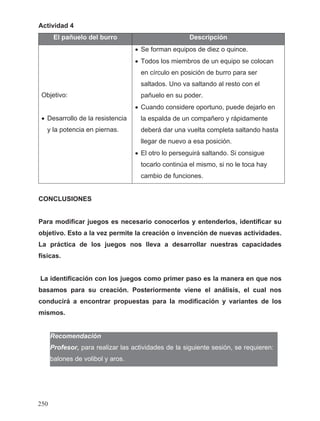 Actividad 4
El pañuelo del burro Descripción
Objetivo:
• Desarrollo de la resistencia
y la potencia en piernas.
• Se forman equipos de diez o quince.
• Todos los miembros de un equipo se colocan
en círculo en posición de burro para ser
saltados. Uno va saltando al resto con el
pañuelo en su poder.
• Cuando considere oportuno, puede dejarlo en
la espalda de un compañero y rápidamente
deberá dar una vuelta completa saltando hasta
llegar de nuevo a esa posición.
• El otro lo perseguirá saltando. Si consigue
tocarlo continúa el mismo, si no le toca hay
cambio de funciones.
CONCLUSIONES
Para modificar juegos es necesario conocerlos y entenderlos, identificar su
objetivo. Esto a la vez permite la creación o invención de nuevas actividades.
La práctica de los juegos nos lleva a desarrollar nuestras capacidades
físicas.
La identificación con los juegos como primer paso es la manera en que nos
basamos para su creación. Posteriormente viene el análisis, el cual nos
conducirá a encontrar propuestas para la modificación y variantes de los
mismos.
Recomendación
Profesor, para realizar las actividades de la siguiente sesión, se requieren:
balones de volibol y aros.
250
 