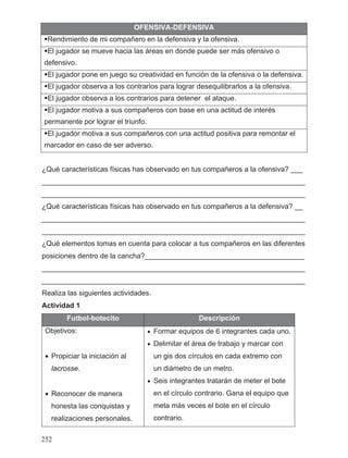 OFENSIVA-DEFENSIVA
Rendimiento de mi compañero en la defensiva y la ofensiva.
El jugador se mueve hacia las áreas en donde puede ser más ofensivo o
defensivo.
El jugador pone en juego su creatividad en función de la ofensiva o la defensiva.
El jugador observa a los contrarios para lograr desequilibrarlos a la ofensiva.
El jugador observa a los contrarios para detener el ataque.
El jugador motiva a sus compañeros con base en una actitud de interés
permanente por lograr el triunfo.
El jugador motiva a sus compañeros con una actitud positiva para remontar el
marcador en caso de ser adverso.
¿Qué características físicas has observado en tus compañeros a la ofensiva? ___
__________________________________________________________________
__________________________________________________________________
¿Qué características físicas has observado en tus compañeros a la defensiva? __
__________________________________________________________________
__________________________________________________________________
¿Qué elementos tomas en cuenta para colocar a tus compañeros en las diferentes
posiciones dentro de la cancha?________________________________________
__________________________________________________________________
__________________________________________________________________
Realiza las siguientes actividades.
Actividad 1
Futbol-botecito Descripción
Objetivos:
• Propiciar la iniciación al
lacrosse.
• Reconocer de manera
honesta las conquistas y
realizaciones personales.
• Formar equipos de 6 integrantes cada uno.
• Delimitar el área de trabajo y marcar con
un gis dos círculos en cada extremo con
un diámetro de un metro.
• Seis integrantes tratarán de meter el bote
en el círculo contrario. Gana el equipo que
meta más veces el bote en el círculo
contrario.
252
 
