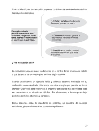 Cuando identifiques una emoción y quieras controlarla te recomendamos realizar
los siguientes ejercicios:
¿Y la motivación qué?
La motivación juega un papel fundamental en el control de las emociones, debido
a que ésta va a ser un medio para alcanzar algún objetivo.
Cuando practicamos un ejercicio físico y además estamos motivados en su
realización, como resultado obtenemos una alta energía que permite sentirnos
atentos y vigorosos, esto nos llevará a encontrar estrategias más adecuadas cada
vez que estemos en situaciones difíciles. Por el contrario, si la energía es baja
podemos sentirnos aburridos y cansados.
Como podemos notar, lo importante es encontrar un equilibrio de nuestras
emociones, porque al conocerlas podremos equilibrarlas.
1. Inhala y exhala profundamente
las veces que sea necesario.
2. Observar de manera general a
las personas y el área donde te
encuentras.
3. Identifica con mucha claridad
los materiales con los que estás
trabajando.
Estos ejercicios te
permitirán mantener una
actitud de relajación, por lo
tanto podrás concentrarte en
el objetivo de la actividad.
27
 