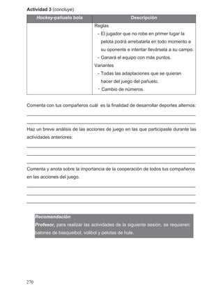 Actividad 3 (concluye)
Hockey-pañuelo bola Descripción
Reglas
- El jugador que no robe en primer lugar la
pelota podrá arrebatarla en todo momento a
su oponente e intentar llevársela a su campo.
- Ganará el equipo con más puntos.
Variantes
- Todas las adaptaciones que se quieran
hacer del juego del pañuelo.
Cambio de números.
Comenta con tus compañeros cuál es la finalidad de desarrollar deportes alternos:
__________________________________________________________________
__________________________________________________________________
Haz un breve análisis de las acciones de juego en las que participaste durante las
actividades anteriores:
__________________________________________________________________
__________________________________________________________________
__________________________________________________________________
Comenta y anota sobre la importancia de la cooperación de todos tus compañeros
en las acciones del juego.
__________________________________________________________________
__________________________________________________________________
__________________________________________________________________
Recomendación
-
Profesor, para realizar las actividades de la siguiente sesión, se requieren:
balones de basquetbol, volibol y pelotas de hule.
270
 