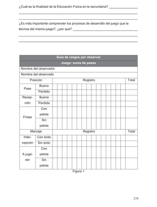 ¿Cuál es la finalidad de la Educación Física en la secundaria? ________________
__________________________________________________________________
__________________________________________________________________
¿Es más importante comprender los procesos de desarrollo del juego que la
técnica del mismo juego?, ¿por qué? ____________________________________
__________________________________________________________________
__________________________________________________________________
Guía de rasgos por observar
Juego: suma de pases
Nombre del observador
Nombre del observado
Posición Registro Total
Bueno
Pase
Perdido
BuenaRecep-
ción Perdida
Con
pelota
Fintas
Sin
pelota
Marcaje Registro Total
Con éxitoInter-
cepción Sin éxito
Con
pelotaA juga-
dor Sin
pelota
Figura 1
279
 