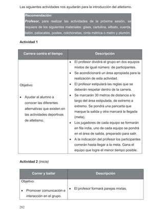Las siguientes actividades nos ayudarán para la introducción del atletismo.
Actividad 1
Actividad 2 (inicia)
Carrera contra el tiempo Descripción
Objetivo:
• Ayudar al alumno a
conocer las diferentes
alternativas que existen en
las actividades deportivas
de atletismo.
• El profesor dividirá el grupo en dos equipos
mixtos de igual número de participantes.
• Se acondicionará un área apropiada para la
realización de esta actividad.
• El profesor estipulará las reglas que se
deberán respetar dentro de la carrera.
• Se marcarán 30 metros de distancia a lo
largo del área estipulada, de extremo a
extremo. Se pondrá una pancarta que
marque la salida y otra marcará la llegada
(meta).
• Los jugadores de cada equipo se formarán
en fila india, uno de cada equipo se pondrá
en el área de salida, preparado para salir.
• A la indicación del profesor los participantes
correrán hasta llegar a la meta. Gana el
equipo que logre el menor tiempo posible.
Correr y bailar Descripción
Objetivo:
• Promover comunicación e
interacción en el grupo.
• El profesor formará parejas mixtas.
Recomendación:
Profesor, para realizar las actividades de la próxima sesión, se
requiere de los siguientes materiales: gises, cartulina, silbato, cuerda,
listón, paliacates, postes, colchonetas, cinta métrica o metro y plumón.
282
 