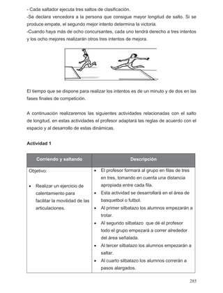 - Cada saltador ejecuta tres saltos de clasificación.
-Se declara vencedora a la persona que consigue mayor longitud de salto. Si se
produce empate, el segundo mejor intento determina la victoria.
-Cuando haya más de ocho concursantes, cada uno tendrá derecho a tres intentos
y los ocho mejores realizarán otros tres intentos de mejora.
-
El tiempo que se dispone para realizar los intentos es de un minuto y de dos en las
fases finales de competición.
A continuación realizaremos las siguientes actividades relacionadas con el salto
de longitud, en estas actividades el profesor adaptará las reglas de acuerdo con el
espacio y al desarrollo de estas dinámicas.
Actividad 1
Corriendo y saltando Descripción
Objetivo:
• Realizar un ejercicio de
calentamiento para
facilitar la movilidad de las
articulaciones.
• El profesor formará al grupo en filas de tres
en tres, tomando en cuenta una distancia
apropiada entre cada fila.
• Esta actividad se desarrollará en el área de
basquetbol o futbol.
• Al primer silbatazo los alumnos empezarán a
trotar.
• Al segundo silbatazo que dé el profesor
todo el grupo empezará a correr alrededor
del área señalada.
• Al tercer silbatazo los alumnos empezarán a
saltar.
• Al cuarto silbatazo los alumnos correrán a
pasos alargados.
285
 
