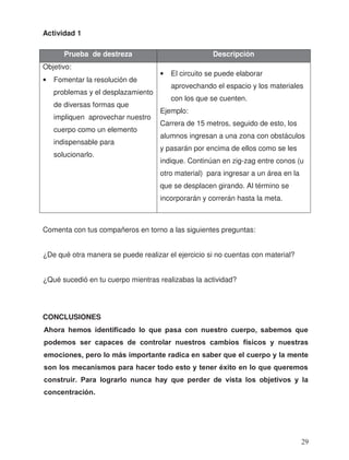 Actividad 1
Comenta con tus compañeros en torno a las siguientes preguntas:
¿De qué otra manera se puede realizar el ejercicio si no cuentas con material?
¿Qué sucedió en tu cuerpo mientras realizabas la actividad?
CONCLUSIONES
Prueba de destreza Descripción
Objetivo:
• Fomentar la resolución de
problemas y el desplazamiento
de diversas formas que
impliquen aprovechar nuestro
cuerpo como un elemento
indispensable para
solucionarlo.
• El circuito se puede elaborar
aprovechando el espacio y los materiales
con los que se cuenten.
Ejemplo:
Carrera de 15 metros, seguido de esto, los
alumnos ingresan a una zona con obstáculos
y pasarán por encima de ellos como se les
indique. Continúan en zig-zag entre conos (u
otro material) para ingresar a un área en la
que se desplacen girando. Al término se
incorporarán y correrán hasta la meta.
Ahora hemos identificado lo que pasa con nuestro cuerpo, sabemos que
podemos ser capaces de controlar nuestros cambios físicos y nuestras
emociones, pero lo más importante radica en saber que el cuerpo y la mente
son los mecanismos para hacer todo esto y tener éxito en lo que queremos
construir. Para lograrlo nunca hay que perder de vista los objetivos y la
concentración.
29
 