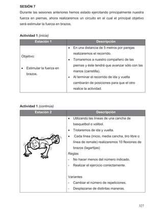 SESIÓN 7
Durante las sesiones anteriores hemos estado ejercitando principalmente nuestra
fuerza en piernas, ahora realizaremos un circuito en el cual el principal objetivo
será estimular la fuerza en brazos.
Actividad 1 (inicia)
Estación 1 Descripción
Objetivo:
• Estimular la fuerza en
brazos.
• En una distancia de 5 metros por parejas
realizaremos el recorrido.
• Tomaremos a nuestro compañero de las
piernas y éste tendrá que avanzar sólo con las
manos (carretilla).
• Al terminar el recorrido de ida y vuelta
cambiarán de posiciones para que el otro
realice la actividad.
Actividad 1 (continúa)
Estación 2 Descripción
• Utilizando las líneas de una cancha de
basquetbol o volibol.
• Trotaremos de ida y vuelta.
• Cada línea (inicio, media cancha, tiro libre o
línea de remate) realizaremos 10 flexiones de
brazos (lagartijas)
Reglas
- No hacer menos del número indicado.
- Realizar el ejercicio correctamente.
Variantes
- Cambiar el número de repeticiones.
- Desplazarse de distintas maneras.
327
 
