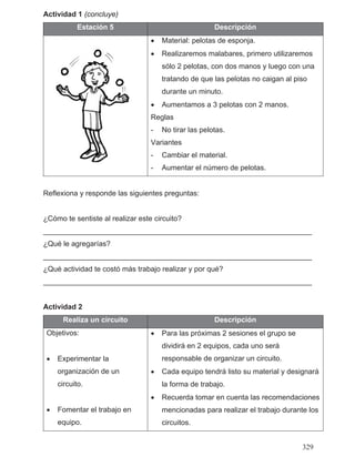 Actividad 1 (concluye)
Estación 5 Descripción
• Material: pelotas de esponja.
• Realizaremos malabares, primero utilizaremos
sólo 2 pelotas, con dos manos y luego con una
tratando de que las pelotas no caigan al piso
durante un minuto.
• Aumentamos a 3 pelotas con 2 manos.
Reglas
- No tirar las pelotas.
Variantes
- Cambiar el material.
- Aumentar el número de pelotas.
Reflexiona y responde las siguientes preguntas:
¿Cómo te sentiste al realizar este circuito?
__________________________________________________________________
¿Qué le agregarías?
__________________________________________________________________
¿Qué actividad te costó más trabajo realizar y por qué?
__________________________________________________________________
Actividad 2
Realiza un circuito Descripción
Objetivos:
• Experimentar la
organización de un
circuito.
• Fomentar el trabajo en
equipo.
• Para las próximas 2 sesiones el grupo se
dividirá en 2 equipos, cada uno será
responsable de organizar un circuito.
• Cada equipo tendrá listo su material y designará
la forma de trabajo.
• Recuerda tomar en cuenta las recomendaciones
mencionadas para realizar el trabajo durante los
circuitos.
329
 