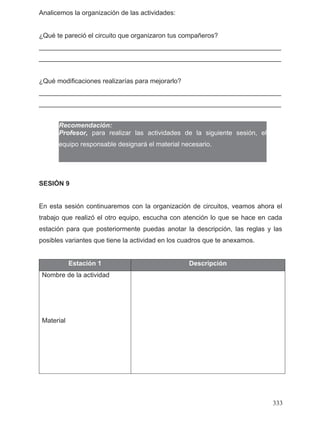 Analicemos la organización de las actividades:
¿Qué te pareció el circuito que organizaron tus compañeros?
__________________________________________________________________
__________________________________________________________________
¿Qué modificaciones realizarías para mejorarlo?
__________________________________________________________________
__________________________________________________________________
Recomendación:
Profesor, para realizar las actividades de la siguiente sesión, el
equipo responsable designará el material necesario.
SESIÓN 9
En esta sesión continuaremos con la organización de circuitos, veamos ahora el
trabajo que realizó el otro equipo, escucha con atención lo que se hace en cada
estación para que posteriormente puedas anotar la descripción, las reglas y las
posibles variantes que tiene la actividad en los cuadros que te anexamos.
Estación 1 Descripción
Nombre de la actividad
Material
333
 