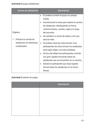 Actividad 5 (juego establecido)
Actividad 5 (diseño de juego)
Carrera de obstáculos Descripción
Objetivo:
• El profesor dividirá el grupo en parejas
mixtas.
• Acondicionará el área para realizar la carrera
de obstáculos, distribuyendo en forma
uniforme llantas, cuerda y cajas a lo largo
del recorrido.
• Se señalará un punto de salida y otro que
será la meta.
• El profesor dará las instrucciones a los
participantes de cómo brincar los obstáculos
para lograr llegar a la meta señalada.
• Al tono del silbato los participantes correrán
con gran rapidez brincando todos los
obstáculos que se encuentren en su camino
• Ganará el participante que haya logrado
brincar todos los obstáculos en el menor
tiempo.
Descripción
• Práctica la carrera de
obstáculos sin elementos
complicados.
353
 