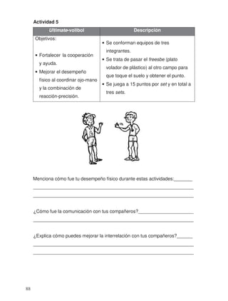 Actividad 5
Ultimate-volibol Descripción
Objetivos:
• Fortalecer la cooperación
y ayuda.
• Mejorar el desempeño
físico al coordinar ojo-mano
y la combinación de
reacción-precisión.
• Se conforman equipos de tres
integrantes.
• Se trata de pasar el freesbe (plato
volador de plástico) al otro campo para
que toque el suelo y obtener el punto.
• Se juega a 15 puntos por set y en total a
tres sets.
Menciona cómo fue tu desempeño físico durante estas actividades:_______
_____________________________________________________________
_____________________________________________________________
¿Cómo fue la comunicación con tus compañeros?_____________________
_____________________________________________________________
¿Explica cómo puedes mejorar la interrelación con tus compañeros?______
_____________________________________________________________
_____________________________________________________________
88
 