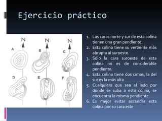 Ejercicio práctico Las caras norte y sur de esta colina tienen una gran pendiente. Esta colina tiene su vertiente más abrupta al suroeste. Sólo la cara suroeste de esta colina no es de considerable pendiente. Esta colina tiene dos cimas, la del sur es la más alta Cualquiera que sea el lado por donde se suba a esta colina, se encuentra la misma pendiente. Es mejor evitar ascender esta colina por su cara este 