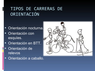 TIPOS DE CARRERAS DE ORIENTACIÓN Orientación nocturna. Orientación con esquíes.  Orientación en BTT.  Orientación de relevos Orientación a caballo.  