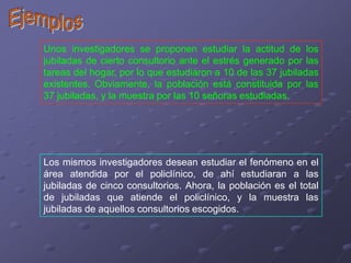 Unos investigadores se proponen estudiar la actitud de los
jubiladas de cierto consultorio ante el estrés generado por las
tareas del hogar, por lo que estudiaron a 10 de las 37 jubiladas
existentes. Obviamente, la población está constituida por las
37 jubiladas, y la muestra por las 10 señoras estudiadas.




Los mismos investigadores desean estudiar el fenómeno en el
área atendida por el policlínico, de ahí estudiaran a las
jubiladas de cinco consultorios. Ahora, la población es el total
de jubiladas que atiende el policlínico, y la muestra las
jubiladas de aquellos consultorios escogidos.
 
