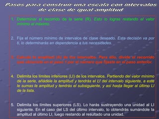 1. Determinar el recorrido de la serie (R). Esto lo logras restando el valor
   mínimo al máximo.


2. Fija el número mínimo de intervalos de clase deseado. Esta decisión va por
   ti, lo determinarás en dependencia a tus necesidades.


3. Calcula la amplitud (A) de los intervalos. Para ello, divide el recorrido
   que obtuviste en el paso 1 por el número que fijaste en el paso anterior.


4. Delimita los límites inferiores (LI) de los intervalos. Partiendo del valor mínimo
   de la serie, añádele la amplitud y tendrás el LI del intervalo siguiente, a este
   le sumas la amplitud y tendrás el subsiguiente, y así hasta llegar al último LI
   de la lista.


5. Delimita los límites superiores (LS). Lo harás sustrayendo una unidad al LI
   siguiente. En el caso del LS del último intervalo, lo obtendrás sumándole la
   amplitud al último LI, luego restando al resultado una unidad.
 