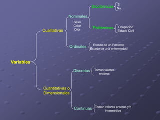 Si
                                           Dicotómicas      No

                           Nominales
                              Sexo
                              Color                         Ocupación
                              Olor         Politómicas
            Cualitativas                                    Estado Civil



                                            Estado de un Paciente
                           Ordinales      Estado de una enfermedad



Variables
                              Discretas     Toman valores
                                               enteros



            Cuantitativas o
            Dimensionales


                                             Toman valores enteros y/o
                              Continuas            intermedios
 