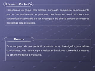 Universo o Población

 Entendemos un grupo, casi siempre numeroso, compuesto frecuentemente
 pero no necesariamente por personas, que tienen en común al menos una
 característica susceptible de ser investigada. De ella se extraen las muestras
 necesarias para su estudio.




        Muestra

 Es el subgrupo de una población extraído por un investigador para extraer
 conclusiones de la misma, o para realizar estimaciones sobre ella. La muestra
 se obtiene mediante el muestreo.
 