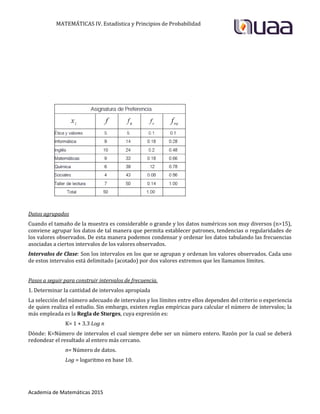MATEMÁTICAS IV. Estadística y Principios de Probabilidad
Academia de Matemáticas 2015
Datos agrupados
Cuando el tamaño de la muestra es considerable o grande y los datos numéricos son muy diversos (n>15),
conviene agrupar los datos de tal manera que permita establecer patrones, tendencias o regularidades de
los valores observados. De esta manera podemos condensar y ordenar los datos tabulando las frecuencias
asociadas a ciertos intervalos de los valores observados.
Intervalos de Clase: Son los intervalos en los que se agrupan y ordenan los valores observados. Cada uno
de estos intervalos está delimitado (acotado) por dos valores extremos que les llamamos límites.
Pasos a seguir para construir intervalos de frecuencia.
1. Determinar la cantidad de intervalos apropiada
La selección del número adecuado de intervalos y los límites entre ellos dependen del criterio o experiencia
de quien realiza el estudio. Sin embargo, existen reglas empíricas para calcular el número de intervalos; la
más empleada es la Regla de Sturges, cuya expresión es:
K= 1 + 3.3 Log n
Dónde: K=Número de intervalos el cual siempre debe ser un número entero. Razón por la cual se deberá
redondear el resultado al entero más cercano.
n= Número de datos.
Log = logaritmo en base 10.
 