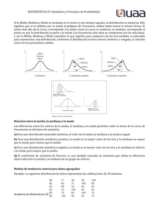 MATEMÁTICAS IV. Estadística y Principios de Probabilidad
Academia de Matemáticas 2015
Si la Media, Mediana y Moda se localizan en el centro y son siempre iguales, la distribución es simétrica. Ello
significa que si se doblara por la mitad al polígono de frecuencia, ambos lados tienen la misma forma. El
punto más alto de la curva, corresponde a la moda. Como la curva es simétrica, la mediana corresponde al
punto en que la distribución se parte a la mitad. Las frecuencias más altas se compensan con las más bajas;
y así, la Media, Mediana y Moda coinciden, lo que significa que cualquiera de las tres medidas es adecuada
para representar una distribución. Conforme la distribución se hace menos simétrica o sesgada, la relación
entre los tres promedios cambia.
Relación entre la media, la mediana y la moda
Las diferencias entre los valores de la media, la mediana y la moda permiten saber la forma de la curva de
frecuencias en términos de asimetría.
a) Para una distribución unimodal simétrica, el valor de la media, la mediana y la moda es igual.
b) Para una distribución asimétrica positiva, la media es el mayor valor de los tres y la mediana es mayor
que la moda, pero menor que la media.
c) Para una distribución asimétrica negativa, la media es el menor valor de los tres y la mediana es inferior
a la moda, pero mayor que la media.
d) El coeficiente de asimetría de Pearson, es una medida conocida de asimetría que utiliza la diferencia
observada entre la media y la mediana de un grupo de valores.
Medias de tendencia central para datos agrupados
Ejemplo: La siguiente distribución de datos representan las calificaciones de 30 alumnos.
 