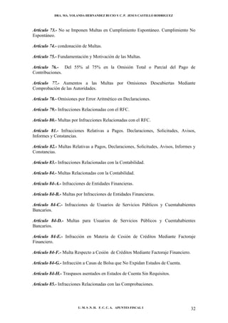 DRA. MA. YOLANDA HERNANDEZ BUCIO Y C. P. JESUS CASTILLO RODRIGUEZ



Artículo 73.- No se Imponen Multas en Cumplimiento Espontáneo. Cumplimiento No
Espontáneo.

Artículo 74.- condonación de Multas.

Artículo 75.- Fundamentación y Motivación de las Multas.

Artículo 76.- Del 55% al 75% en la Omisión Total o Parcial del Pago de
Contribuciones.

Artículo 77.- Aumentos a las Multas por Omisiones Descubiertas Mediante
Comprobación de las Autoridades.

Artículo 78.- Omisiones por Error Aritmético en Declaraciones.

Artículo 79.- Infracciones Relacionadas con el RFC.

Artículo 80.- Multas por Infracciones Relacionadas con el RFC.

Artículo 81.- Infracciones Relativas a Pagos. Declaraciones, Solicitudes, Avisos,
Informes y Constancias.

Artículo 82.- Multas Relativas a Pagos, Declaraciones, Solicitudes, Avisos, Informes y
Constancias.

Artículo 83.- Infracciones Relacionadas con la Contabilidad.

Artículo 84.- Multas Relacionadas con la Contabilidad.

Artículo 84-A.- Infracciones de Entidades Financieras.

Artículo 84-B.- Multas por Infracciones de Entidades Financieras.

Artículo 84-C.- Infracciones de Usuarios de Servicios Públicos y Cuentahabientes
Bancarios.

Artículo 84-D.- Multas para Usuarios de Servicios Públicos y Cuentahabientes
Bancarios.

Artículo 84-E.- Infracción en Materia de Cesión de Créditos Mediante Factoraje
Financiero.

Artículo 84-F.- Multa Respecto a Cesión de Créditos Mediante Factoraje Financiero.

Artículo 84-G.- Infracción a Casas de Bolsa que No Expidan Estados de Cuenta.

Artículo 84-H.- Traspasos asentados en Estados de Cuenta Sin Requisitos.

Artículo 85.- Infracciones Relacionadas con las Comprobaciones.




                        U. M. S .N. H. F. C. C. A. APUNTES FISCAL I                  32
 