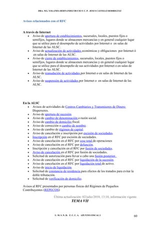 DRA. MA. YOLANDA HERNANDEZ BUCIO Y C. P. JESUS CASTILLO RODRIGUEZ



Avisos relacionados con el RFC


A través de Internet
   • Aviso de apertura de establecimientos, sucursales, locales, puestos fijos o
       semifijos, lugares donde se almacenen mercancías y en general cualquier lugar
       que se utilice para el desempeño de actividades por Internet o en salas de
       Internet de las ALSC.
   • Aviso de actualización de actividades económicas y obligaciones por Internet ó
        en salas de Internet de las ALSC.
   • Aviso de cierre de establecimientos, sucursales, locales, puestos fijos o
       semifijos, lugares donde se almacenen mercancías y en general cualquier lugar
       que se utilice para el desempeño de sus actividades por Internet o en salas de
       Internet de las ALSC.
   • Aviso de reanudación de actividades por Internet o en salas de Internet de las
       ALSC.
   • Aviso de suspensión de actividades por Internet o en salas de Internet de las
       ALSC.




En la ALSC
   • Avisos de actividades de Centros Cambiarios y Transmisores de Dinero
       Dispersores.
   • Aviso de apertura de sucesión.
   • Aviso de cambio de denominación o razón social.
   • Aviso de cambio de domicilio fiscal.
   • Aviso de corrección o cambio de nombre.
   • Aviso de cambio de régimen de capital.
   • Aviso de cancelación e inscripción por escisión de sociedades.
   • Inscripción en el RFC por escisión de sociedades.
   • Aviso de cancelación en el RFC por cese total de operaciones
   • Aviso de cancelación en el RFC por defunción.
   • Inscripción y cancelación en el RFC por fusión de sociedades.
   • Aviso de cancelación en el RFC por fusión de sociedades.
   • Solicitud de autorización para llevar a cabo una fusión posterior.
   • Aviso de cancelación en el RFC por liquidación de la sucesión.
   • Aviso de cancelación en el RFC por liquidación total de activo.
   • Aviso de inicio de liquidación.
   • Solicitud de constancia de residencia para efectos de los tratados para evitar la
       doble tributación.
   • Solicitud de verificación de domicilio.

Avisos al RFC presentados por personas físicas del Régimen de Pequeños
Contribuyentes (REPECOS)

                        Última actualización: 02/julio/2010, 13:10, información vigente.
                                       TEMA VII


                        U. M. S .N. H. F. C. C. A. APUNTES FISCAL I                      60
 