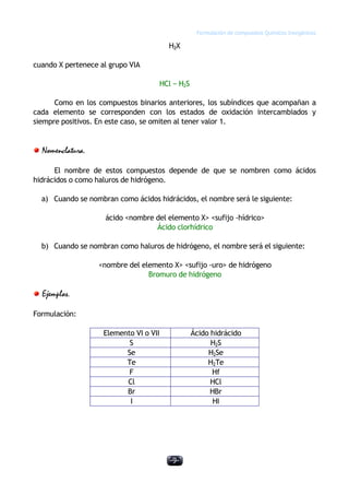 Formulación de compuestos Químicos Inorgánicos
-9-
H2X
cuando X pertenece al grupo VIA
HCl − H2S
Como en los compuestos binarios anteriores, los subíndices que acompañan a
cada elemento se corresponden con los estados de oxidación intercambiados y
siempre positivos. En este caso, se omiten al tener valor 1.
Nomenclatura.
El nombre de estos compuestos depende de que se nombren como ácidos
hidrácidos o como haluros de hidrógeno.
a) Cuando se nombran como ácidos hidrácidos, el nombre será le siguiente:
ácido <nombre del elemento X> <sufijo -hídrico>
Ácido clorhídrico
b) Cuando se nombran como haluros de hidrógeno, el nombre será el siguiente:
<nombre del elemento X> <sufijo -uro> de hidrógeno
Bromuro de hidrógeno
Ejemplos.
Formulación:
Elemento VI o VII Ácido hidrácido
S H2S
Se H2Se
Te H2Te
F Hf
Cl HCl
Br HBr
I HI
 