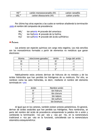 Formulación de compuestos Químicos Inorgánicos
-19-
VO+2
catión monooxovanadio (IV) cation vanadilo
UO2
+2
cation dioxouranio (VI) cation uranilo
Por último hay otras especies a las cuales se nombran añadiendo la terminación
-onio al nombre del compuesto de procedencia:
NH4
+
ion amonio ¢ procede del amoníaco
PH4
+
ion fosfonio ¢ procede de la fosfina
H3S+
ion sulfonio ¢ procede del ácido sulfhídrico
Aniones.
Los aniones son especies químicas con carga neta negativa. Los más sencillos
son los monoatómicos formados a partir de elementos no metálicos que ganan
electrones:
Átomo electrones ganados Anión Carga del anión
H 1 H−
−1
Cl 1 Cl−
−1
I 1 I−
−1
S 2 S2−
−2
Habitualmente estos aniones derivan de hidruros de no metales y de los
ácidos hidrácidos que han perdido los hidrógenos de su molécula. Por ello, se
nombran como las sales hidrácidas, es decir, mediante el nombre del elemento
terminado en −uro:
Anión Nombre anión
H−
ión hidruro
Cl−
ión cloruro
I−
ión ioduro
S2−
ión sulfuro
Br−
ión bromuro
Al igual que en los cationes, también existen aniones poliatómicos. En general,
derivan de ácidos oxoácidos que han perdido sus hidrógenos. Para nombrarlas, se
parte del nombre del ácido de procedencia anteponiendo la palabra ión o anión y
cambiando la terminación: −ico por −ato y −oso por −ito, en la nomenclatura
tradicional e −ico por −ato en la funcional, coincidiendo con la nomenclatura
sistemática estequiométrica:
 