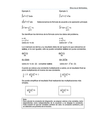 C Á LC UL O I NT E G R AL
Ejemplo 2.

Ejemplo 3.

(x2+1)5 2xdx

 (x3+1)2 x2dx



2 (x2+1)5 xdx

Seleccionamos la fórmula de acuerdo a la operación principal.

vn dv= vn+1 +c

vn dv= vn+1 +c

n+1

n+1

Se identifican los términos de la fórmula como los datos del problema.
n =5
v = x2+1
sobra dv =x dx

n =2
v =x3+1
sobra dv= x2 dx

La v siempre se deriva y su resultado debe de ser igual a lo que colocamos en
sobra, si no son iguales, sólo se puede completar sobra con puras constantes.
d(x2+1)
dx

d(x3+1)
dx

dv =2xdx

dv= 3x2dx

sobra dv =x dx (2) completar sobra

sobra dv= x2 dx (3)

Cuando se coloca una constante multiplicando a sobra, en el resultado final se
pone multiplicando el inverso de esa constante.
1 ( 2 (x2+1)6 +c )
2
6

1 (x3+1)3 +c
3
3

Se puede simplificar el resultado final realizando las multiplicaciones más
simples.

(x2+1)6 +c
6

(x3+1)3 +c
9

(x3+1)3 +c

Nota.
Para calcular la constante de integración, se asignan valores a las variables, tanto
dependientes como independientes de la ecuación y se despeja la constante.
Cada ocasión en que las variables cambien de valor, la constante cambiará y así
se obtendrá una primitiva de la función.

 