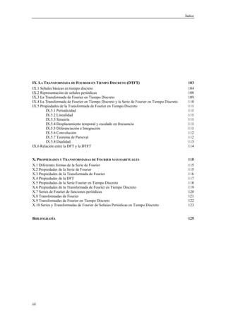 Índice




IX. LA TRANSFORMADA DE FOURIER EN TIEMPO DISCRETO (DTFT)                                       103
IX.1 Señales básicas en tiempo discreto                                                        104
IX.2 Representación de señales periódicas                                                      108
IX.3 La Transformada de Fourier en Tiempo Discreto                                             109
IX.4 La Transformada de Fourier en Tiempo Discreto y la Serie de Fourier en Tiempo Discreto    110
IX.5 Propiedades de la Transformada de Fourier en Tiempo Discreto                              111
        IX.5.1 Periodicidad                                                                    111
        IX.5.2 Linealidad                                                                      111
        IX.5.3 Simetría                                                                        111
        IX.5.4 Desplazamiento temporal y escalado en frecuencia                                111
        IX.5.5 Diferenciación e Integración                                                    111
        IX.5.6 Convolución                                                                     112
        IX.5.7 Teorema de Parseval                                                             112
        IX.5.8 Dualidad                                                                        113
IX.6 Relación entre la DFT y la DTFT                                                           114


X. PROPIEDADES Y TRANSFORMADAS DE FOURIER MÁS HABITUALES                                       115
X.1 Diferentes formas de la Serie de Fourier                                                   115
X.2 Propiedades de la Serie de Fourier                                                         115
X.3 Propiedades de la Transformada de Fourier                                                  116
X.4 Propiedades de la DFT                                                                      117
X.5 Propiedades de la Serie Fourier en Tiempo Discreto                                         118
X.6 Propiedades de la Transformada de Fourier en Tiempo Discreto                               119
X.7 Series de Fourier de funciones periódicas                                                  120
X.8 Transformadas de Fourier                                                                   121
X.9 Transformadas de Fourier en Tiempo Discreto                                                122
X.10 Series y Transformadas de Fourier de Señales Periódicas en Tiempo Discreto                123


BIBLIOGRAFÍA                                                                                   125




iii
 