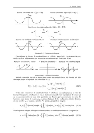 II. Series de Fourier 
Función con simetría oculta 
14 
Función con simetría par: f (t) = f (−t) Función con simetría impar: f (t) = −f (−t) 
t 
f(t) 
t 
f(t) 
Función con simetría de media onda: f (t) = −f (t + T 2) 
t 
f(t) 
Función con simetría de cuarto de onda par Función con simetría de cuarto de onda impar 
t 
f(t) 
t 
f(t) 
Ilustración II-13: Condiciones de Simetría. 
En ocasiones la simetría de una función no es evidente, puede haber ciertas simetrías que 
queden ocultas, habitualmente por la suma de una constante (ver Ilustración II-14). 
t 
f(t) 
= Función constante + Función con simetría impar 
t t 
Ilustración II-14: Simetría Escondida. 
Además, cualquier función se puede poner como descomposición de una función par más 
una impar, según la expresión (ver Ilustración II-15): 
 =  + −     = + ⇒ 
f t f t f t 2 
( ) ( ) ( ) 
f t 1 f t f t 
( ) ( ) ( ) 
( ) ( ) ( ) 
par 
par impar 
f t 1 f t f t 
=  − −  
impar 
 2 
(II.29) 
Todas estas condiciones de simetría facilitan el cálculo de los coeficientes de la Serie de 
Fourier. Por ejemplo, si la función es par, es fácil suponer que la parte impar (parte de senos, bn) 
de su descomposición se hace nula, quedando una función par descompuesta en suma de 
funciones pares (parte de cosenos, an). Además el cálculo de los coeficientes distintos de cero, 
en este caso los an, se hace más sencillo. Por ejemplo, cogiendo la integral: 
T 2 0 T 2 
+ + 
a 2 f t cos n t dt 2 f t cos n t dt 2 f t cos n t dt 
( ) ( ) ( ) ( ) ( ) ( ) 
= ∫ ω = ∫ ω + ∫ ω (II.30) 
n 0 0 0 
T T T 
T 2 T 2 0 
− − 
Si en la primera integral del segundo término se hace el cambio de variable t = -t, llegamos a: 
0 + T 2 + 
T 2 
a 2 f t cos n t dt 2 f t cos n t dt 4 f t cos n t dt 
( ) ( ) ( ) ( ) ( ) ( ) 
= − ∫ ω + ∫ ω = ∫ ω (II.31) 
n 0 0 0 
T T T 
T 2 0 0 
 