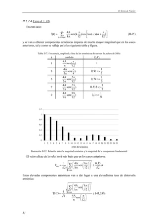 II. Series de Fourier 
II.5.2.4 Caso δ = π/6 
En este caso: 
31 
f (t) 4A sen(k )cos k t k( ) 
π  π  =  ω − α +  π   Σ (II.65) 
k 1(impar) 
k 12 12 
∞ 
= 
y se van a obtener componentes armónicas impares de mucha mayor magnitud que en los casos 
anteriores, tal y como se refleja en la las siguiente tabla y figura. 
Tabla II-7. Frecuencia, amplitud y fase de los armónicos de un tren de pulsos de 50Hz 
k módulo Ck/C1 
1 
4A π 
sen( ) 
12 
π 
1 
3 
4A π 
sen( ) 
3 π 
4 
0,91 1 
3 
>> 
5 
4A sen(5 π 
) 
5 π 
12 
0,74 1 
5 
>> 
7 
4A sen(7 π 
) 
7 π 
12 
0,533 1 
7 
>> 
9 
4A sen(9 π 
) 
9 π 
12 
0,3 1 
9 
>> 
1,2 
1 
0,8 
0,6 
0,4 
0,2 
0 
1 2 3 4 5 6 7 8 9 10 11 12 13 14 15 16 17 18 19 20 21 22 23 24 25 
orden del armónico 
Ilustración II-32: Relación entre la magnitud armónica y la magnitud de la componente fundamental 
El valor eficaz de la señal será más bajo que en los casos anteriores: 
2 
  π   =     ≅  π    
F 1 4A sen k 0,33A 
rms 
Σ 
2 = k 12 2 
k 1 
impar 
Estas elevadas componentes armónicas van a dar lugar a una elevadísima tasa de distorsión 
armónica: 
2 
k 3 
impar 
4A sen k 
k 12 
THD 1 143,53% 
2 4A sen 
12 
= 
  π   
 π        
= ≅ 
 π  
π     
Σ 
 
