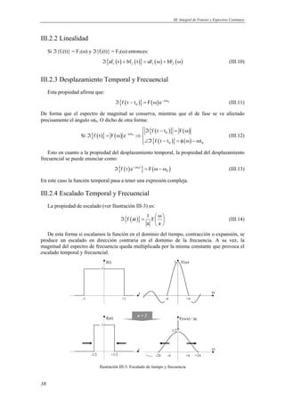 III. Integral de Fourier y Espectros Continuos 
III.2.2 Linealidad 
Si ℑ{f1(t)} = F1(ω) y ℑ{f2(t)} = F2(ω) entonces: 
38 
{ ( ) ( )} ( ) ( ) 1 2 1 2 ℑ af t + bf t = aF ω + bF ω (III.10) 
III.2.3 Desplazamiento Temporal y Frecuencial 
Esta propiedad afirma que: 
{ ( )} ( ) j t0 
0 ℑ f t − t = F ω e− ω (III.11) 
De forma que el espectro de magnitud se conserva, mientras que el de fase se ve afectado 
precisamente el ángulo ωt0. O dicho de otra forma: 
 ℑ − = ω ℑ = ω ⇒ 
{ ( )} ( ) 
{ f ( t t )} F 
( ) 
{ ( )} ( ) 
j t 0 
0 
0 0 
Si f t F e 
f t t t 
− ω 
∠ℑ − = φ ω − ω  
(III.12) 
Esto en cuanto a la propiedad del desplazamiento temporal, la propiedad del desplazamiento 
frecuencial se puede enunciar como: 
{ ( ) j 0t } ( ) 
0 ℑ f t e+ ω = F ω − ω (III.13) 
En este caso la función temporal pasa a tener una expresión compleja. 
III.2.4 Escalado Temporal y Frecuencial 
La propiedad de escalado (ver Ilustración III-3) es: 
{f (at)} 1 F 
 ω ℑ =   
a a 
  
(III.14) 
De esta forma si escalamos la función en el dominio del tiempo, contracción o expansión, se 
produce un escalado en dirección contraria en el dominio de la frecuencia. A su vez, la 
magnitud del espectro de frecuencia queda multiplicada por la misma constante que provoca el 
escalado temporal y frecuencial. 
F(ω) 
ω 
-1 +1 
t 
f(t) 
-π +π 
f(at) a = 2 
-1/2 +1/2 
t 
F(ω/a) / |a| 
ω 
1 
1/2 
-2π +2π 
1 
1 
-π +π 
Ilustración III-3: Escalado de tiempo y frecuencia 
 