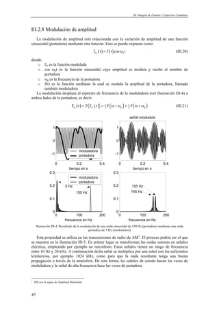 III. Integral de Fourier y Espectros Continuos 
III.2.8 Modulación de amplitud 
La modulación de amplitud está relacionada con la variación de amplitud de una función 
sinusoidal (portadora) mediante otra función. Esto se puede expresar como: 
40 
fm (t) = f (t)cosωp t (III.20) 
donde: 
o fm es la función modulada 
o cos ωpt es la función sinusoidal cuya amplitud se modula y recibe el nombre de 
portadora 
o ωp es la frecuencia de la portadora 
o f(t) es la función mediante la cual se modula la amplitud de la portadora, llamada 
también moduladora 
La modulación desplaza al espectro de frecuencia de la moduladora (ver Ilustración III-4) a 
ambos lados de la portadora, es decir: 
( ) { ( )} 1 ( ) 1 ( ) 
m m 2 p 2 p F t = ℑ f t = F ω − ω + F ω + ω (III.21) 
moduladora 
portadora 
0 0.2 0.4 
1 
0 
-1 
tiempo en s 
señal modulada 
0 0.2 0.4 
1 
0 
-1 
tiempo en s 
moduladora 
portadora 
5 Hz 155 Hz 
0 100 200 
0.3 
0.2 
0.1 
0 
frecuencia en Hz 
0.3 
0.2 
0.1 
145 Hz 
0 100 200 0 
frecuencia en Hz 
150 Hz 
Ilustración III-4: Resultado de la modulación de una onda sinusoidal de 150 Hz (portadora) mediante una onda 
periódica de 5 Hz (moduladora) 
Esta propiedad se utiliza en las transmisiones de radio de AM1. El proceso podría ser el que 
se muestra en la Ilustración III-5. En primer lugar se transforman las ondas sonoras en señales 
eléctrica, empleando por ejemplo un micrófono. Estas señales tienen un rango de frecuencia 
entre 10 Hz y 20 kHz. A continuación dicha señal se multiplica por una señal con los suficientes 
kilohercios, por ejemplo 1024 kHz, como para que la onda resultante tenga una buena 
propagación a través de la atmósfera. De esta forma, las señales de sonido hacen las veces de 
moduladora y la señal de alta frecuencia hace las veces de portadora. 
1 AM son la siglas de Amplitud Modulada. 
 