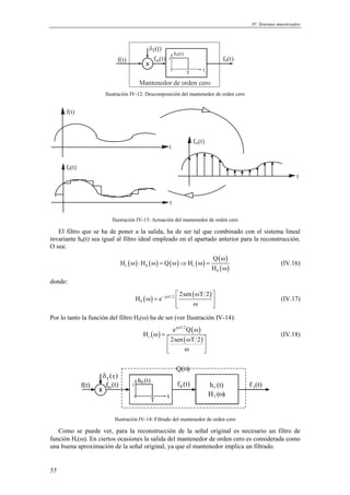 IV. Sistemas muestreados 
55 
δT(t) 
x 
h0(t) 
fm(t) 1 
f(t) f0(t) 
T t 
Mantenedor de orden cero 
Ilustración IV-12: Descomposición del mantenedor de orden cero 
f(t) 
t 
f0(t) 
t 
fm(t) 
t 
Ilustración IV-13: Actuación del mantenedor de orden cero 
El filtro que se ha de poner a la salida, ha de ser tal que combinado con el sistema lineal 
invariante h0(t) sea igual al filtro ideal empleado en el apartado anterior para la reconstrucción. 
O sea: 
( ) ( ) ( ) ( ) Q 
( ) 
r 0 r ( ) 
0 
H H Q H 
H 
ω 
ω ⋅ ω = ω ⇒ ω = 
ω 
(IV.16) 
donde: 
( ) 2sen ( T 2 
) j T 2 
0 
H e− ω  ω  
ω =    ω  
(IV.17) 
Por lo tanto la función del filtro Hr(ω) ha de ser (ver Ilustración IV-14): 
j ω T 2 
( ) ( ω 
) 
( ) 
r 
e Q 
H 
2sen T 2 
ω = 
 ω  
 ω    
(IV.18) 
δ ( ) 
x 
h 0 (t) 
Q(ω ) 
f(t) fm (t) f 0 (t) h r (t) 
T t 
H r (ω ) 
1 
Ilustración IV-14: Filtrado del mantenedor de orden cero 
T t 
f r (t) 
Como se puede ver, para la reconstrucción de la señal original es necesario un filtro de 
función Hr(ω). En ciertos ocasiones la salida del mantenedor de orden cero es considerada como 
una buena aproximación de la señal original, ya que el mantenedor implica un filtrado. 
 