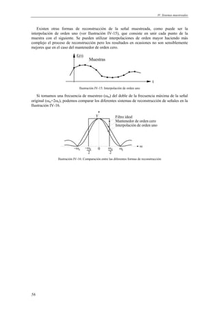 IV. Sistemas muestreados 
Existen otras formas de reconstrucción de la señal muestreada, como puede ser la 
interpolación de orden uno (ver Ilustración IV-15), que consiste en unir cada punto de la 
muestra con el siguiente. Se pueden utilizar interpolaciones de orden mayor haciendo más 
complejo el proceso de reconstrucción pero los resultados en ocasiones no son sensiblemente 
mejores que en el caso del mantenedor de orden cero. 
56 
fr(t) 
t 
Muestras 
Ilustración IV-15: Interpolación de orden uno 
Si tomamos una frecuencia de muestreo (ωm) del doble de la frecuencia máxima de la señal 
original (ωm=2ωc), podemos comparar los diferentes sistemas de reconstrucción de señales en la 
Ilustración IV-16. 
Filtro ideal 
Mantenedor de orden cero 
Interpolación de orden uno 
ω 
−ωc 
2 
ωc 
2 
T 
−ωc 0 ωc 
Ilustración IV-16: Comparación entre las diferentes formas de reconstrucción 
 