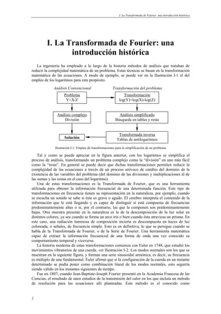 I. La Transformada de Fourier: una introducción histórica 
1 
I. La Transformada de Fourier: una 
introducción histórica 
La ingeniería ha empleado a lo largo de la historia métodos de análisis que trataban de 
reducir la complejidad matemática de un problema. Estas técnicas se basan en la transformación 
matemática de las ecuaciones. A modo de ejemplo, se puede ver en la Ilustración I-1 el del 
empleo de los logaritmos para este propósito. 
Análisis Convencional 
Problema 
Y=X/Z 
Transformación 
log(Y)=log(X)-log(Z) 
Análisis simplificado 
Búsqueda en tablas y resta 
Transformada inversa 
Tablas de antilogaritmos 
Análisis complejo 
División 
Solución 
Transformación del problema 
Ilustración I-1: Empleo de transformaciones para la simplificación de un problema 
Tal y como se puede apreciar en la figura anterior, con los logaritmos se simplifica el 
proceso de análisis, transformando un problema complejo como la “división” en uno más fácil 
como la “resta”. En general se puede decir que dichas transformaciones permiten reducir la 
complejidad de las ecuaciones a través de un proceso unívoco de cambio del dominio de la 
existencia de las variables del problema (del dominio de las divisiones y multiplicaciones al de 
las sumas y las restas en el caso del logaritmo). 
Una de estas transformaciones es la Transformada de Fourier, que es una herramienta 
utilizada para obtener la información frecuencial de una determinada función. Este tipo de 
transformaciones en frecuencia tienen su representación en la naturaleza, por ejemplo, cuando 
se escucha un sonido se sabe si éste es grave o agudo. El cerebro interpreta el contenido de la 
información que le está llegando y es capaz de distinguir si está compuesta de frecuencias 
predominantemente altas o si, por el contrario, las que la componen son predominantemente 
bajas. Otra muestra presente en la naturaleza es la de la descomposición de la luz solar en 
distintos colores, ya sea cuando se forma un arco iris o bien cuando ésta atraviesa un prisma. En 
este caso, una radiación luminosa de composición incierta es descompuesta en haces de luz 
coloreada, o señales, de frecuencia simple. Esto es en definitiva, lo que se persigue cuando se 
habla de la Transformada de Fourier, o de la Serie de Fourier. Una herramienta matemática 
capaz de extraer la información frecuencial de una forma de onda una vez conocido su 
comportamiento temporal y viceversa. 
La historia moderna de estas transformaciones comienza con Euler en 1748, que estudió los 
movimientos vibratorios de una cuerda, ver Ilustración I-2. Los modos normales son los que se 
muestran en la siguiente figura, y forman una serie sinusoidal armónica, es decir, su frecuencia 
es múltiplo de una fundamental. Euler afirmó que si la configuración de la cuerda en un instante 
determinado se podía poner como combinación lineal de los modos normales, esto seguiría 
siendo válido en los instantes siguientes de tiempo. 
Fue en 1807, cuando Jean-Baptiste-Joseph Fourier presentó en la Academia Francesa de las 
Ciencias, el resultado de unos estudios de la transmisión del calor en los que incluía un método 
de resolución para las ecuaciones allí planteadas. Este método es el conocido como 
 