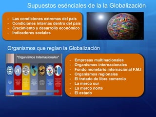 Supuestos esénciales de la la Globalización
- Las condiciones extremas del país
- Condiciones internas dentro del país
- Crecimiento y desarrollo económico
- Indicadores sociales
Organismos que regían la Globalización
- Empresas multinacionales
- Organismos internacionales
- Fondo monetario internacional F.M.I
- Organismos regionales
- El tratado de libre comercio
- La merco sur
- La merco norte
- El estado
 