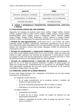 Juegos y Actividades Recreativas para Animación Parte I 
8 
ADULTO NIÑO 
Descanso, distracción, recreación actividad fundamental (75%) 
Compensación, fin deliberado organizadora, sin fin deliberado 
Actividad secundaria actividad principal 
6. JUEGO Y DESARROLLO PSICOMOTOR, COGNOSCITIVO, AFECTIVO 
Y SOCIAL. 
6.1 EVOLUCIÓN LÚDICA DEL SER HUMANO. 
Siguiendo los trabajos de autores como Klein (1945), Piaget (1946), Hurlock 
(1978), Vygotski (1977), Cratty (1979), Wallon (1980), Flavell y Rooss (1981), 
Parlebas(1985), Orlick (1986), Linaza y Maldonado (1987), Palacios (1988), 
Linaza (1990), Ortega (1992), Robertson (1992), Lasierra y Lavega (1993), 
Hoffman (1995), se distinguen los siguientes períodos en la evolución del juego: 
• Período de ludo-egocentrismo: oscila entre los 2 y los 6 años. Se suelen 
presentar juegos sencillos, individuales, totalmente egocéntricos, en los que el 
niño rechaza las reglas entendidas como una participación conjunta. Estos juegos 
poseen una estructura interna más simple. Blázquez (1990) los denomina de 
organización simple. 
• Período de coordinación y cooperación ludopráxica: podría corresponder 
a los niños cuyas edades oscilan entre los 6 y los 12 años. Cada vez cobra más 
interés la regla; aparecen las nociones de competición y comunicación motriz. 
Los juegos en este nivel son de organización media y permiten participar a niños 
de distintos entornos en actividades cada vez más colectivas. 
• Período de establecimiento y desarrollo del acuerdo ludopráxico: a 
partir de los 11-12 años los jóvenes empiezan a aceptar el pacto grupal con 
todas sus consecuencias. Progresivamente se introducen en actividades lúdicas 
más organizadas, aceptando de muy buen grado los deportes, al ser prácticas 
sometidas a organización más elevada. 
6.2 FASES DEL JUEGO EN LA EDAD INFANTIL 
El suizo Jean Piaget distingue tres categorías, coincidiendo con los tres niveles 
evolutivos de la inteligencia: 
a) Juegos de simple ejercicio: 
• Es el juego característico de la conducta animal y también del 
hombre en ésta primear fase 
• Se da en el periodo preverbal del niño (2 meses a 2 años) 
• Sobrepasa a lo puramente necesario, es jugar por jugar 
b) Juego simbólico: 
• aracterístico del hombre 
• A partir de los 2 años, cuando los juegos de ejercicio se han 
desarrollado plenamente 
• Añade la capacidad de ficción sobre el juego de ejercicio (“hace 
como si comiera”) 
 