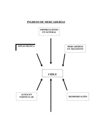 INGRESO DE MERCADERÍAS

               IMPORTACIONES
                 EN GENERAL




ZONAS FRANCA                   MERCADERÍAS
                               EN TRÁNSITTO




                    CHILE




  ALMACEN
 PARTICULAR                     REIMPORTACIÓN
 