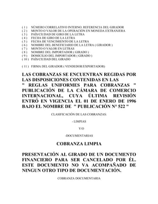 (1)      NÚMERO CORRELATIVO INTERNO. REFERENCIA DEL GIRADOR
(2)      MONTO O VALOR DE LA OPERACIÓN EN MONEDA EXTRANJERA
(3)      PAÍS/CIUDAD DE GIRO DE LA LETRA
(4)      FECHA DE GIRO DE LA LETRA
(5)      FECHA DE VENCIMIENTO DE LA LETRA
(6)      NOMBRE DEL BENEFICIARIO DE LA LETRA ( GIRADOR )
(7)      MONTO O VALOR EN LETRAS
(8)      NOMBRE DEL IMPORTADOR ( GIRADO )
(9)      DOMICILIO DEL IMPORTADOR ( GIRADO )
( 10 )   PAÍS/CIUDAD DEL GIRADO

( 11 ) FIRMA DEL GIRADOR ( VENDEDOR/EXPORTADOR)

LAS COBRANZAS SE ENCUENTRAN REGIDAS POR
LAS DISPOSICIONES CONTENIDAS EN LAS
" REGLAS UNIFORMES PARA COBRANZAS "
PUBLICACIÓN DE LA CÁMARA DE COMERCIO
INTERNACIONAL, CUYA ÚLTIMA REVISIÓN
ENTRÓ EN VIGENCIA EL 01 DE ENERO DE 1996
BAJO EL NOMBRE DE " PUBLICACIÓN N° 522 "
                   CLASIFICACIÓN DE LAS COBRANZAS:

                              - LIMPIAS

                                  Y/O

                           -DOCUMENTARIAS

                      COBRANZA LIMPIA

PRESENTACIÓN AL GIRADO DE UN DOCUMENTO
FINANCIERO PARA SER CANCELADO POR ÉL.
ESTE DOCUMENTO NO VA ACOMPAÑADO DE
NINGUN OTRO TIPO DE DOCUMENTACIÓN.
                       COBRANZA DOCUMENTARIA
 