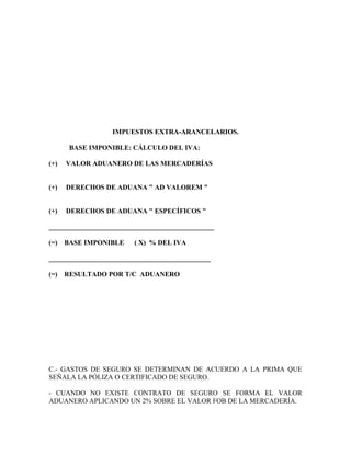 IMPUESTOS EXTRA-ARANCELARIOS.

       BASE IMPONIBLE: CÁLCULO DEL IVA:

(+)   VALOR ADUANERO DE LAS MERCADERÍAS


(+)   DERECHOS DE ADUANA " AD VALOREM "


(+)   DERECHOS DE ADUANA " ESPECÍFICOS "

________________________________________________

(=)   BASE IMPONIBLE    ( X) % DEL IVA

_______________________________________________

(=)   RESULTADO POR T/C ADUANERO




C.- GASTOS DE SEGURO SE DETERMINAN DE ACUERDO A LA PRIMA QUE
SEÑALA LA PÓLIZA O CERTIFICADO DE SEGURO.

- CUANDO NO EXISTE CONTRATO DE SEGURO SE FORMA EL VALOR
ADUANERO APLICANDO UN 2% SOBRE EL VALOR FOB DE LA MERCADERÍA.
 