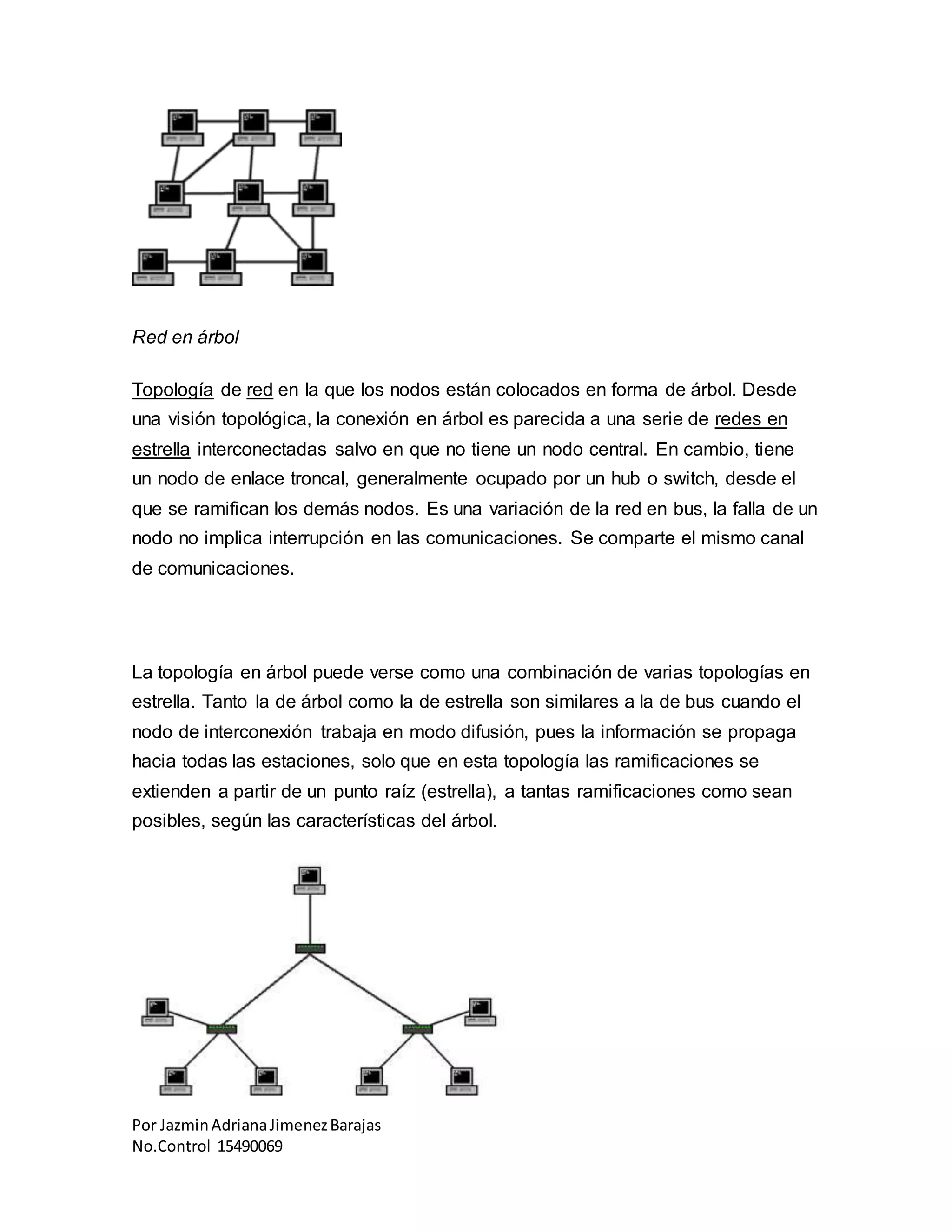 Por JazminAdrianaJimenezBarajas
No.Control 15490069
Red en árbol
Topología de red en la que los nodos están colocados en forma de árbol. Desde
una visión topológica, la conexión en árbol es parecida a una serie de redes en
estrella interconectadas salvo en que no tiene un nodo central. En cambio, tiene
un nodo de enlace troncal, generalmente ocupado por un hub o switch, desde el
que se ramifican los demás nodos. Es una variación de la red en bus, la falla de un
nodo no implica interrupción en las comunicaciones. Se comparte el mismo canal
de comunicaciones.
La topología en árbol puede verse como una combinación de varias topologías en
estrella. Tanto la de árbol como la de estrella son similares a la de bus cuando el
nodo de interconexión trabaja en modo difusión, pues la información se propaga
hacia todas las estaciones, solo que en esta topología las ramificaciones se
extienden a partir de un punto raíz (estrella), a tantas ramificaciones como sean
posibles, según las características del árbol.
 