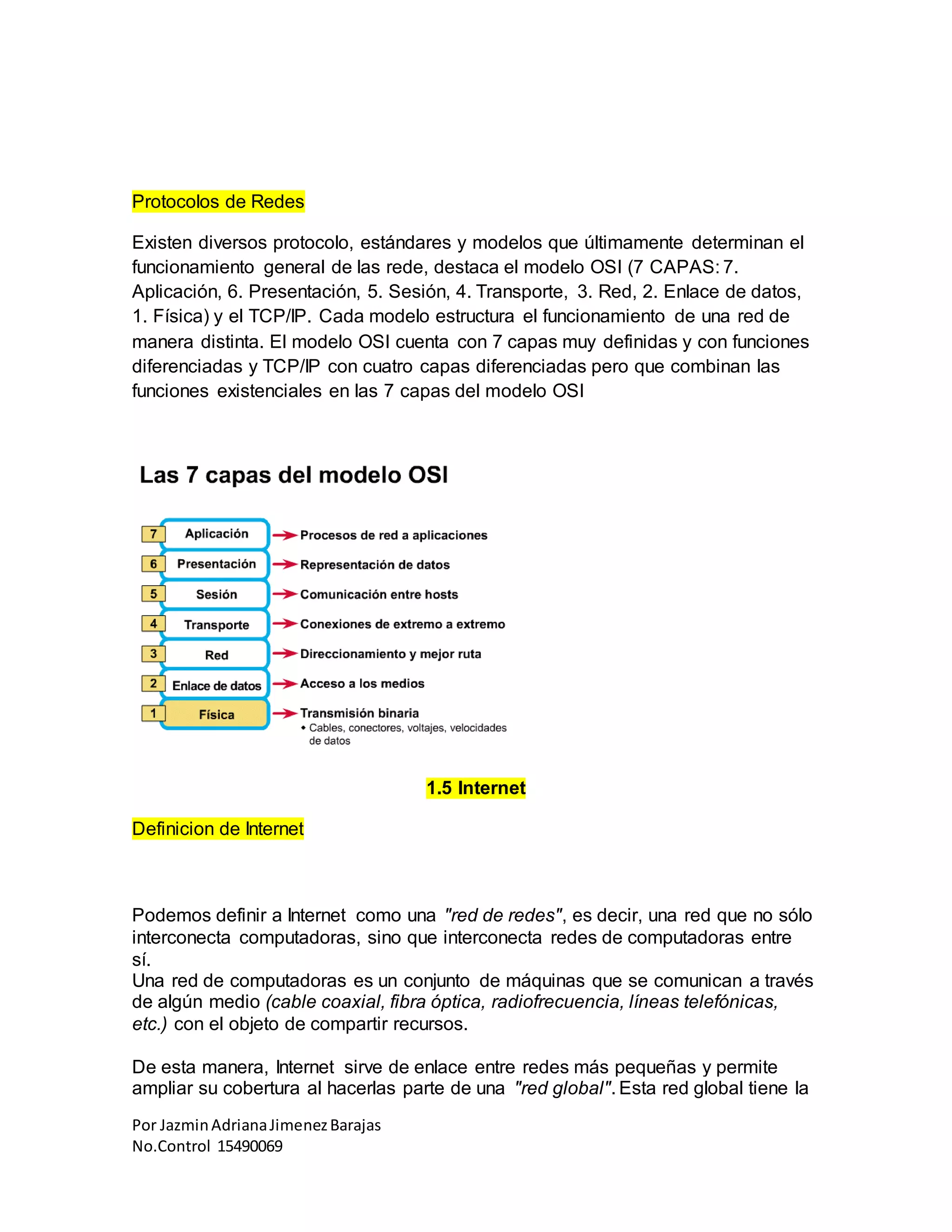 Por JazminAdrianaJimenezBarajas
No.Control 15490069
Protocolos de Redes
Existen diversos protocolo, estándares y modelos que últimamente determinan el
funcionamiento general de las rede, destaca el modelo OSI (7 CAPAS: 7.
Aplicación, 6. Presentación, 5. Sesión, 4. Transporte, 3. Red, 2. Enlace de datos,
1. Física) y el TCP/IP. Cada modelo estructura el funcionamiento de una red de
manera distinta. El modelo OSI cuenta con 7 capas muy definidas y con funciones
diferenciadas y TCP/IP con cuatro capas diferenciadas pero que combinan las
funciones existenciales en las 7 capas del modelo OSI
1.5 Internet
Definicion de Internet
Podemos definir a Internet como una "red de redes", es decir, una red que no sólo
interconecta computadoras, sino que interconecta redes de computadoras entre
sí.
Una red de computadoras es un conjunto de máquinas que se comunican a través
de algún medio (cable coaxial, fibra óptica, radiofrecuencia, líneas telefónicas,
etc.) con el objeto de compartir recursos.
De esta manera, Internet sirve de enlace entre redes más pequeñas y permite
ampliar su cobertura al hacerlas parte de una "red global". Esta red global tiene la
 