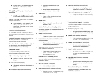  He didn't come to the party because he was
sick. (No vino a la fiesta porque estaba
enfermo.)
 Although / Though: Aunque (para introducir una idea
contrapuesta).
 Although it was raining, we went for a walk.
(Aunque estaba lloviendo, salimos a caminar.)
 However: Sin embargo (para introducir una idea que
contrasta con la anterior).
 I'm not very good at math. However, I enjoy
solving puzzles. (No soy muy bueno en
matemáticas. Sin embargo, disfruto resolver
rompecabezas.)
Pronombres Personales y Posesivos:
Los pronombres personales se utilizan para referirse a
personas u objetos, mientras que los posesivos indican
posesión.
 Pronombres Personales: I (yo), you (tú/usted), he (él),
she (ella), it (para objetos o animales), we
(nosotros/nosotras), they (ellos/ellas).
 Pronombres Posesivos: my (mi), your (tu/su), his (su de
él), her (su de ella), its (su de objeto/animal), our
(nuestro/nuestra), their (su de ellos/ellas).
Preposiciones de Lugar:
Las preposiciones de lugar indican dónde está
ocurriendo una acción o la ubicación de algo.
 In: En (usado para espacios grandes y cerrados).
 The book is in the bag. (El libro está en la
bolsa.)
 On: Sobre (usado para superficies).
 The cup is on the table. (La taza está sobre la
mesa.)
 At: En (usado para lugares específicos y eventos).
 She is at the library. (Ella está en la
biblioteca.)
 We will meet at the restaurant. (Nos
encontraremos en el restaurante.)
 Under: Debajo.
 The cat is under the table. (El gato está
debajo de la mesa.)
 Behind: Detrás.
 The car is behind the house. (El auto está
detrás de la casa.)
Adjetivos Positivos, Comparativos y Superlativos:
Los adjetivos se pueden usar en diferentes formas para
comparar cualidades.
 Positivo: Lovely (encantador).
 The garden is lovely. (El jardín es encantador.)
 Comparativo: Lovelier (más encantador) / Less lovely
(menos encantador).
 The rose is lovelier than the daisy. (La rosa es
más encantadora que la margarita.)
 Superlativo: Loveliest (el/la más encantador/a) / Least
lovely (el/la menos encantador/a).
 The orchid is the loveliest flower in the
garden. (La orquídea es la flor más
encantadora en el jardín.)
Verbos Modales de Posibilidad y Permiso:
Los verbos modales expresan diferentes grados de
posibilidad o permiso.
 Can: Poder (habilidad o posibilidad).
 I can swim. (Puedo nadar.)
 Could: Podría (posibilidad o habilidad en pasado).
 She could sing when she was younger. (Podía
cantar cuando era más joven.)
 May: Poder (posibilidad o permiso formal).
 You may leave the meeting if you need to.
(Puede salir de la reunión si es necesario.)
 Might: Podría (posibilidad más remota que "may").
 It might rain later. (Podría llover más tarde.)
Verbos Modales de Obligación y Prohibición:
Los verbos modales también se usan para expresar
obligación y prohibición.
 Must: Deber (obligación fuerte).
 You must finish your homework before going
out. (Debes terminar tu tarea antes de salir.)
 Have to: Deber (obligación, más formal).
 I have to attend a meeting tomorrow. (Tengo
que asistir a una reunión mañana.)
 Need to: Necesitar (obligación, menos fuerte).
 She needs to study for the exam. (Ella
necesita estudiar para el examen.)
 Mustn't: No debe (prohibición).
 You mustn't use your phone during the exam.
(No debes usar tu teléfono durante el
examen.)
 Don't have to: No es necesario (ausencia de
obligación).
 They don't have to wear uniforms to school.
(No es necesario que usen uniforme en la
escuela.)
Verbos Modales de Capacidad y Habilidad:
Estos verbos modales se utilizan para hablar sobre
habilidades y capacidades.
 